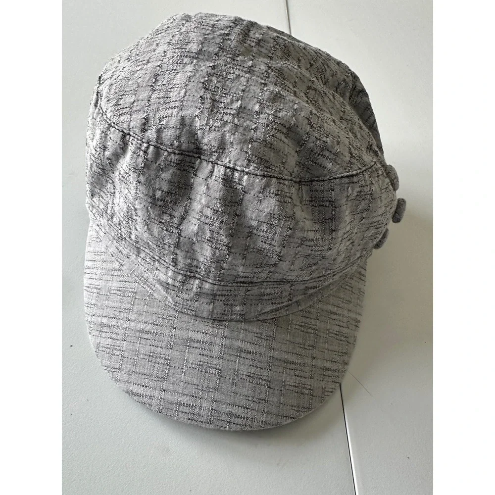 Womens Grey Textured Cadet Cap Military Style Hat with Button Detail